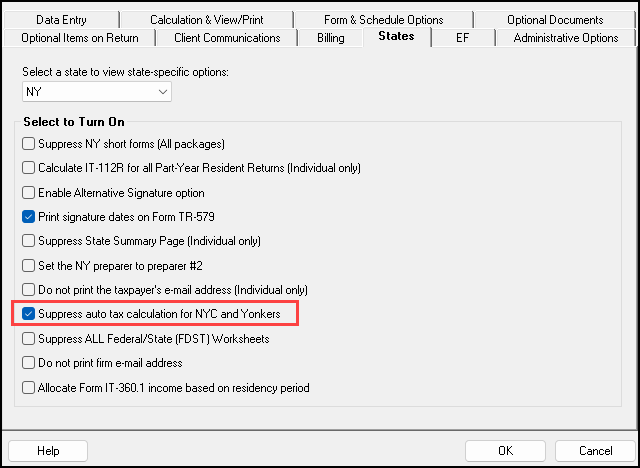 Image of "Suppress auto tax calculation for NY" on Setup > Options > States. Image of "Suppress auto tax calculation for NY" on Setup > Options > States.